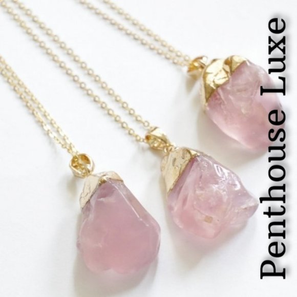 REAL Rose Quartz Pendant Gold Necklace - Picture 3 of 4